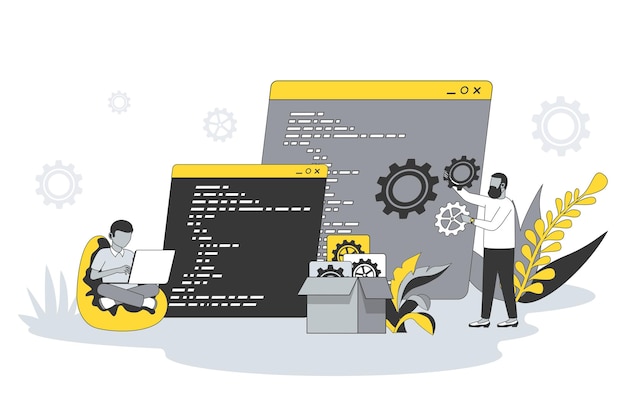 Concepto de desarrollo de software en diseño de línea plana Las personas escriben configuraciones de código y desarrollo de pruebas