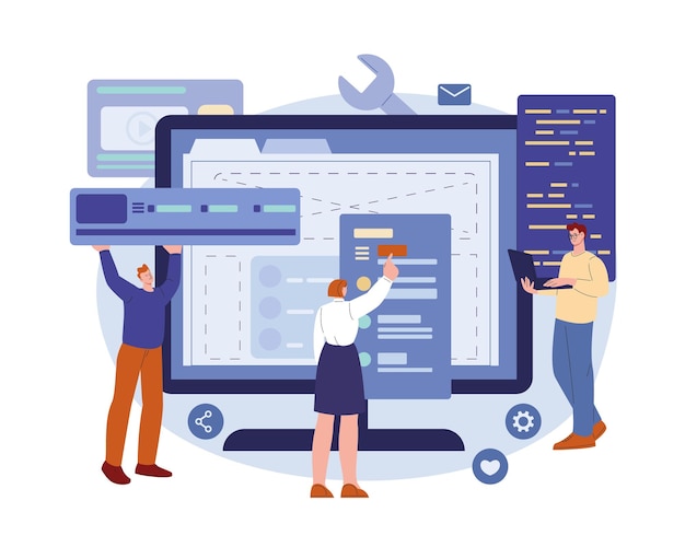 Concepto de desarrollo de software Empresario gerente de proyecto desarrollador geek red web Codificador de sitio web plano carácter trabajo en equipo digital kicky vector escena