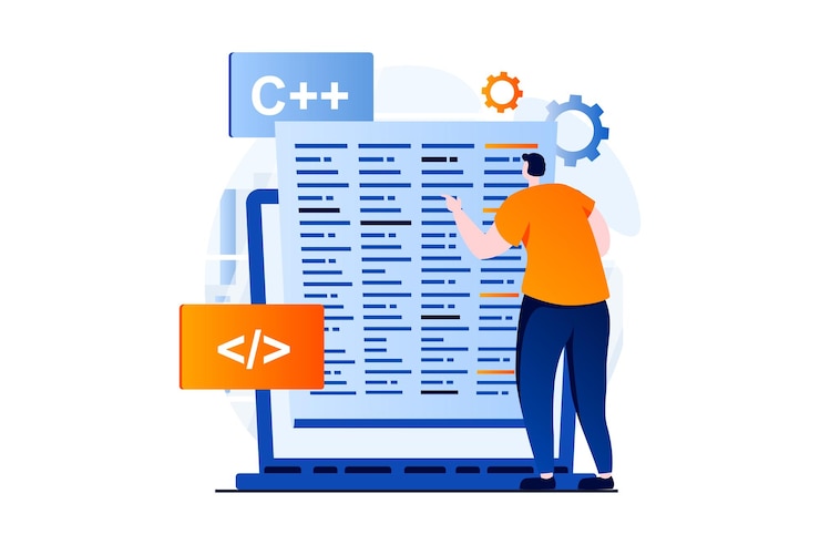 Vector concepto de desarrollo de software con escena de personas en diseño de dibujos animados planos el hombre prueba y optimiza el código en la programación de pantalla y crea software en la computadora portátil historia visual de ilustración vectorial para web