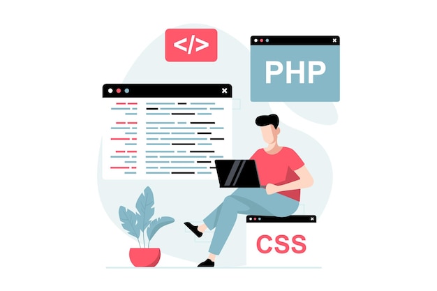 Concepto de desarrollo de software con escena de personas en diseño plano desarrollador de hombre escribiendo código usando computadoras portátiles creando programas ingeniería de software ilustración vectorial con situación de personaje para web