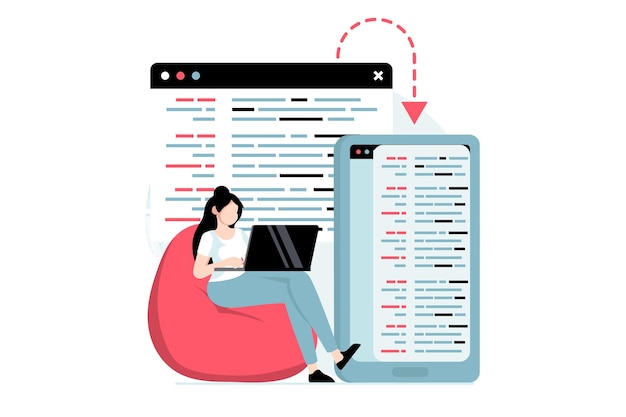 Concepto de desarrollo de software con escena de personas en diseño plano Mujer desarrolladora que crea programas y optimiza código entre pantallas de dispositivos Ilustración vectorial con situación de personaje para web
