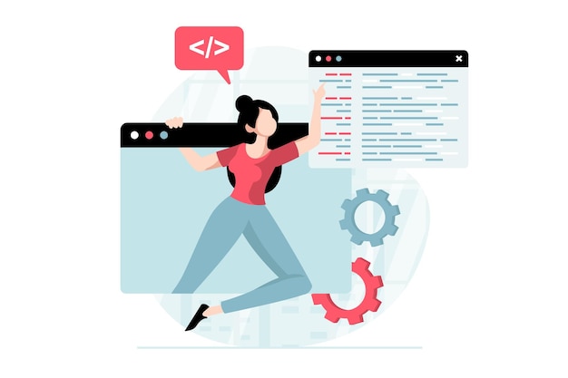 Concepto de desarrollo de software con escena de personas en diseño plano mujer programando y arreglando código creando diseño de sitio y corrigiendo problemas ilustración vectorial con situación de personaje para web