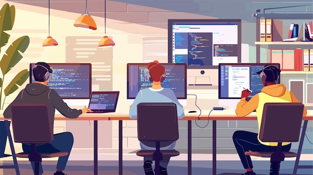 Concepto de desarrollo de software profesional con programadores que trabajan juntos