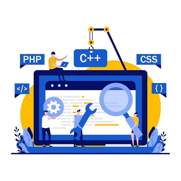 Vector concepto de desarrollo web con carácter diminuto.