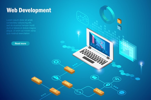 Concepto de desarrollo web codificación y programación de software en aplicación en dispositivos de computadora portátil