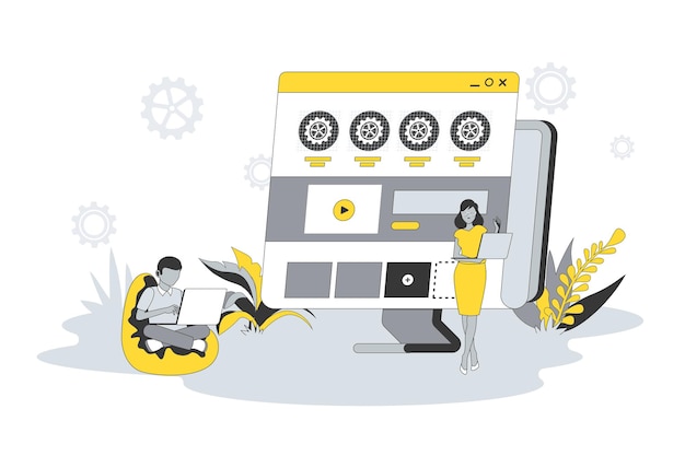 Concepto de desarrollo web en diseño de línea plana La gente desarrolla bloques de lugar de optimización de diseño de sitio