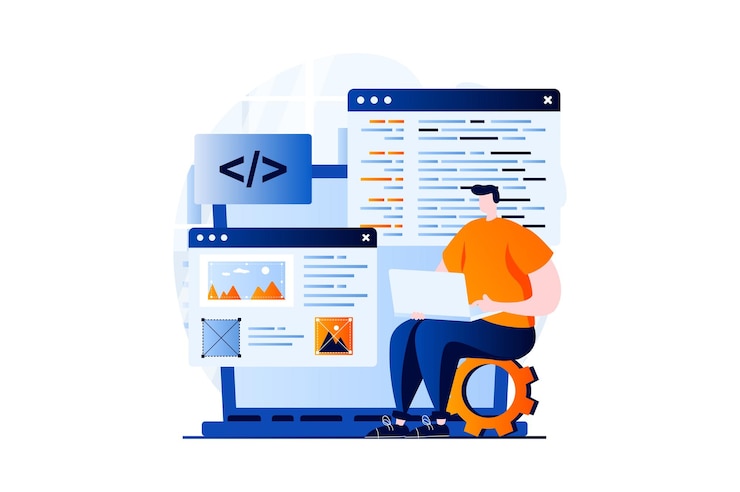 Vector concepto de desarrollo web con escena de personas en diseño de dibujos animados planos el hombre está programando lenguajes informáticos creando pruebas y optimizando el sitio web en la computadora portátil historia visual de ilustración vectorial para web