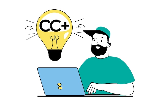 Concepto de desarrollo web con escena de personas en diseño plano Hombre lluvia de ideas desarrollo y codificación en diferentes lenguajes de programación Ilustración vectorial para material de marketing de banners en redes sociales