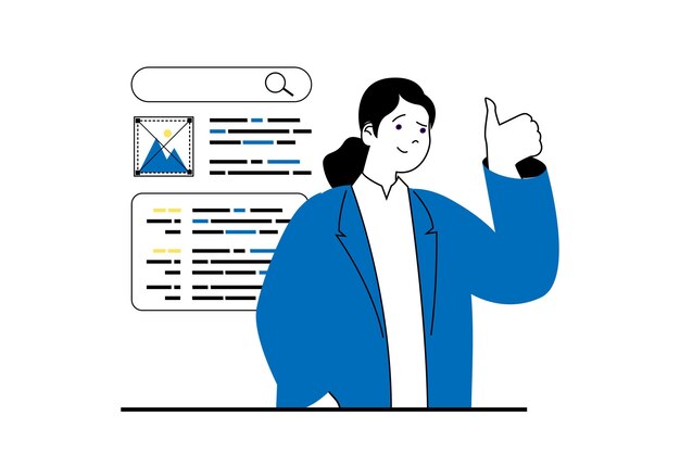 Concepto de desarrollo web con escena de personas en diseño plano Mujer creando diseño de sitio web de estructura alámbrica colocando diferentes bloques y contenidos Ilustración vectorial para material de marketing de banners en redes sociales