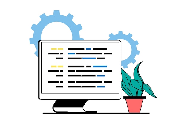 Concepto de desarrollo web con escena de personas en diseño plano Productos de codificación e ingeniería, corrección de errores de código, configuración y optimización Ilustración vectorial para material de marketing de banners en redes sociales