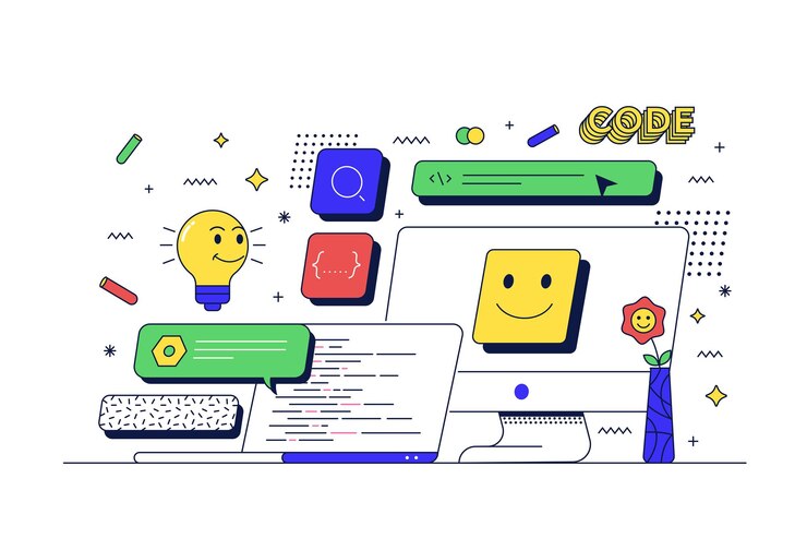 Vector concepto de desarrollo web mesa con computadora e iconos relacionados línea plana estilo de dibujos animados de los años 90 ilustración vectorial