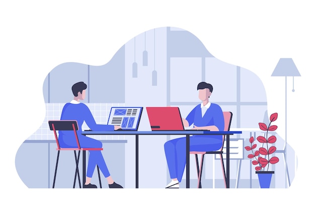 Concepto de desarrollo web con personas de dibujos animados en diseño plano para web Equipo de programador que crea el diseño de la interfaz y las páginas de inicio en la oficina Ilustración vectorial para materiales de marketing de banner de redes sociales