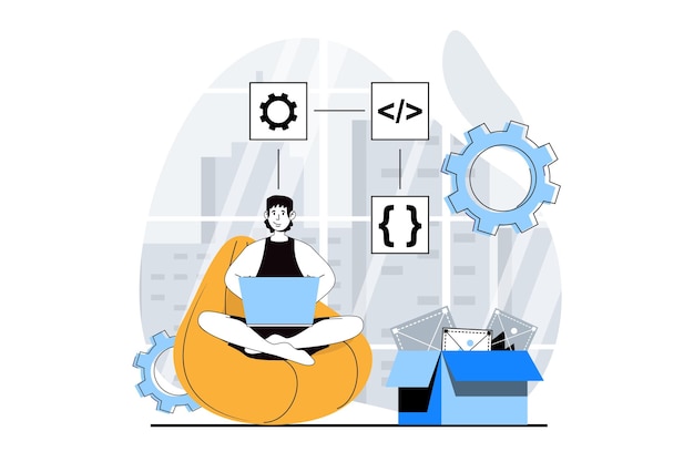 Concepto de desarrollo web con personas escena en diseño plano Hombre creando algoritmo de codificación de proyecto de ingeniería y creando producto Ilustración vectorial para medios sociales material de marketing de banner