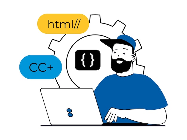 Concepto de desarrollo web con situación de carácter hombre que trabaja con html y lenguajes de programa en la codificación de portátiles y crea una interfaz de sitio ilustración vectorial con escena de personas en diseño plano para web