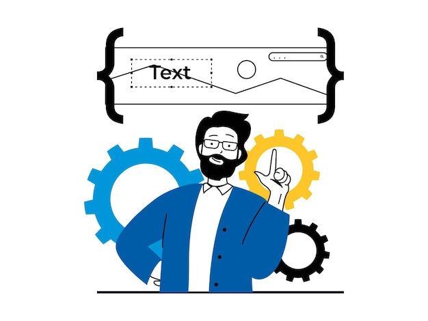 Concepto de desarrollo web con situación de personaje la lluvia de ideas del hombre coloca elementos en la interfaz de la página trabajando con código y configuraciones ilustración vectorial con escena de personas en diseño plano para web