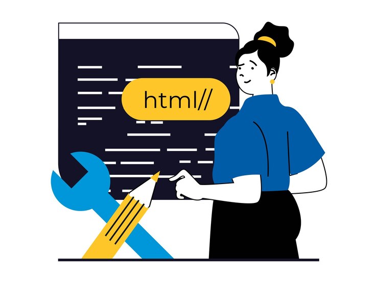 Vector concepto de desarrollo web con situación de personaje la mujer crea una interfaz de diseño y hace sitios de construcción de código html y hace que el proyecto ilustración vectorial con escena de personas en diseño plano para web