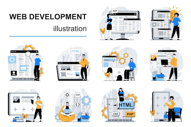 Concepto de desarrollo web con situaciones de personajes mega set Ilustraciones vectoriales