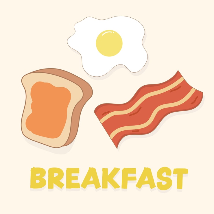 Vector concepto de desayuno con huevo frito, tocino y tostadas, ilustración vectorial del desayuno. concepto de descanso