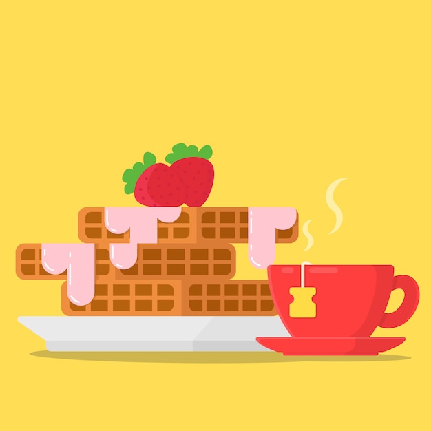 Concepto de desayuno waffles con mermelada de fresas y té de taza