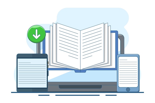 concepto de descarga de libros electrónicos o lectura de libros electrónicos en el móvil o la computadora