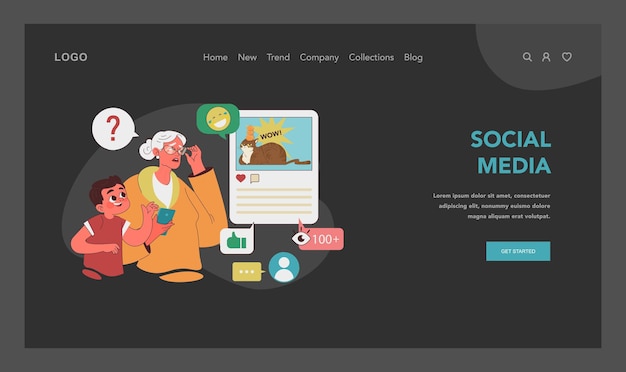 El concepto de descubrimiento de las redes sociales La abuela explora las redes sociales con la ayuda del nieto