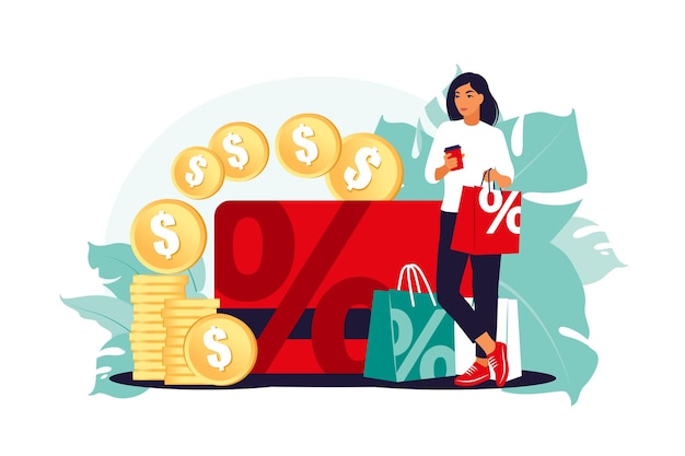 Concepto de descuentos. Tarjeta de descuento y fidelización. Cupones promocionales de reducción de precio. Ofertas especiales de vacaciones. Ilustración vectorial. Plano
