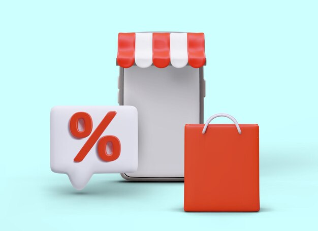 Concepto de descuentos en la tienda en línea Aplicación telefónica publicitaria para el seguimiento de las ventas