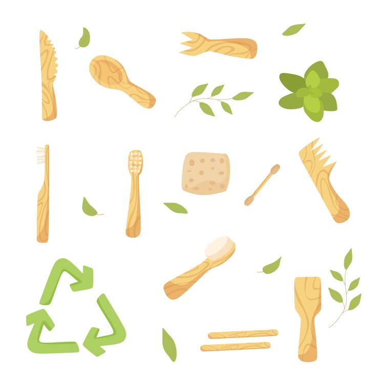 Vector concepto de desperdicio cero estilo de vida ecológico elementos domésticos de madera cuchara tenedor cuchillo peine