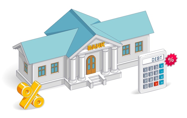 Concepto de deuda, edificio de banco con calculadora aislado sobre fondo blanco, tema bancario. ilustración isométrica de negocios y finanzas vectoriales, diseño de línea delgada 3d.