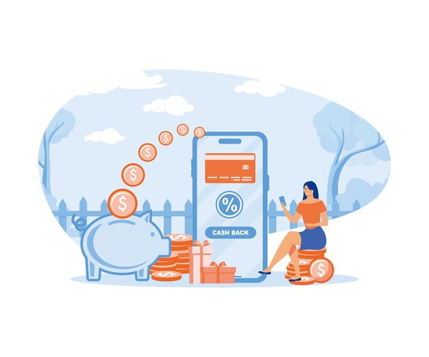 El concepto de devolución de dinero en efectivo mujer con teléfono inteligente dinero va en una alcancía de vector plano ilustración moderna