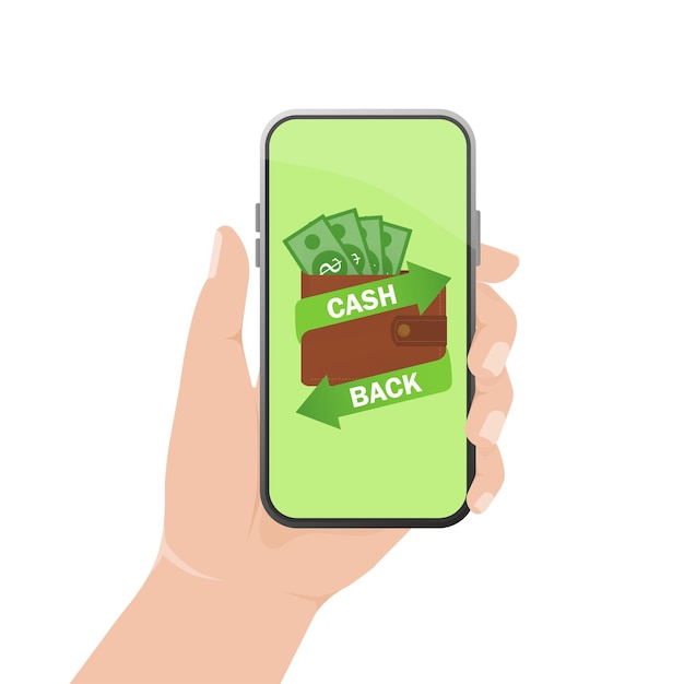 Concepto de devolución de dinero con la mano del teléfono inteligente. Tecnología de Internet móvil