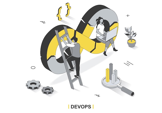 Concepto DevOps en diseño de contorno isométrico 3d Programadores e ingenieros trabajando juntos en la oficina