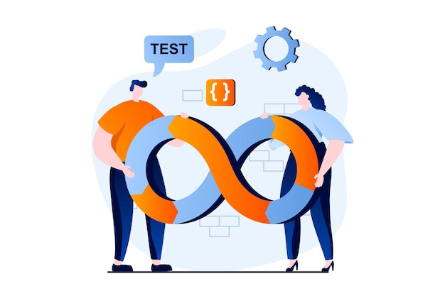 Concepto DevOps con escena de personas en diseño de dibujos animados planos Hombre y mujer trabajando juntos administran y optimizan el trabajo de programación efectivo en la empresa de TI Ilustración vectorial historia visual para web