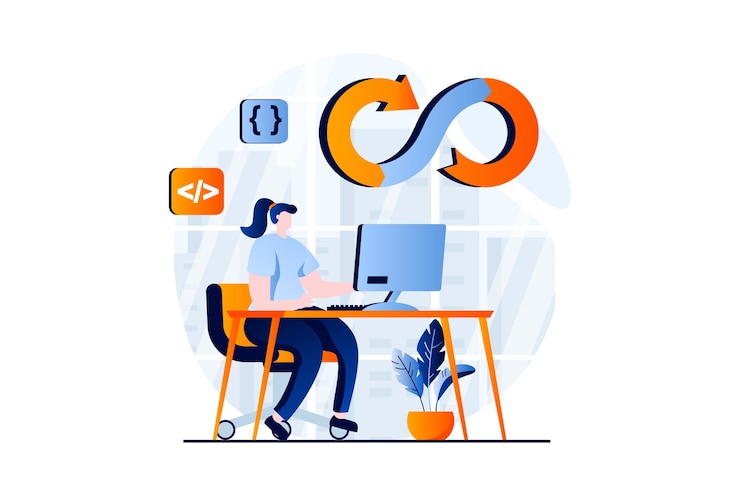 Vector concepto devops con escena de personas en diseño de dibujos animados planos mujer codifica y crea programas mientras trabaja en la empresa con práctica de operaciones de desarrollo historia visual de ilustración vectorial para web