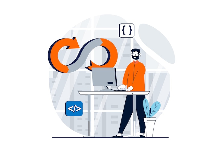 Vector concepto de devops con escena de personas en diseño plano para web hombre que trabaja con desarrollo de software y flujo de trabajo de optimización en la empresa ilustración vectorial para material de marketing de banner de redes sociales