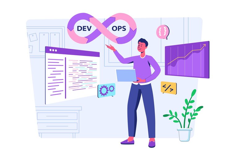 Vector concepto devops con escena de personas para web hombre que trabaja como gerente y administra procesos de operaciones de desarrollo para el equipo de programadores que crea software ilustración vectorial en diseño de perspectiva plana
