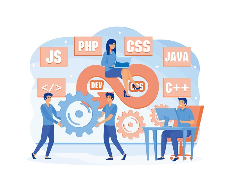 Vector concepto de devops programadores práctica de desarrollo y operaciones de software desarrollador que trabaja en operaciones proceso soporte técnico código de programación vector plano ilustración moderna