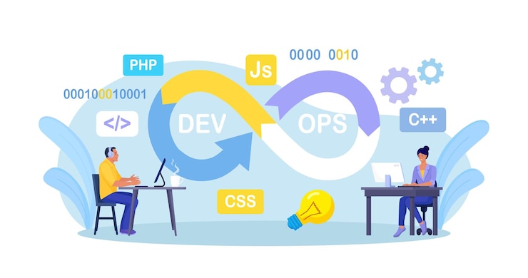 Vector concepto devops los programadores practican el desarrollo y las operaciones de software desarrollador que trabaja en el proceso de operaciones código de programación de soporte técnico programador que usa el método devops diseño vectorial