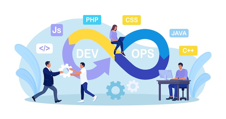 Vector concepto devops los programadores practican el desarrollo y las operaciones de software desarrollador que trabaja en el proceso de operaciones soporte técnico código de programación programador que usa el método devops