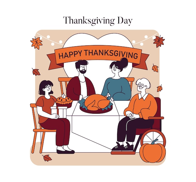 El concepto del día de Acción de Gracias es una reunión familiar alrededor de una mesa para compartir una comida festiva tradicional con