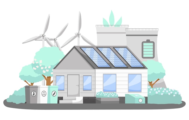 Concepto del día de la ecología ciudad ecológica verde con energía alternativa Paneles solares en el techo de la casa y turbinas de molinos de viento en el fondo Viento solar renovable y generación de energía nuclear Ilustración vectorial