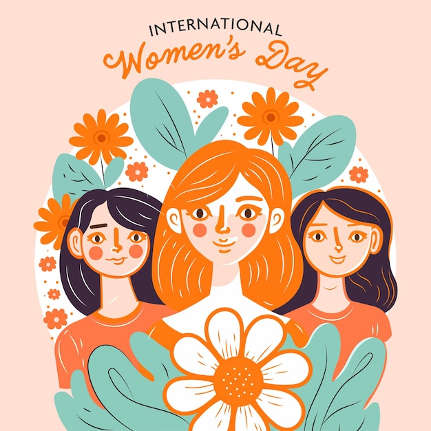 Concepto del día internacional de la mujer con tres personajes de niña sobre fondo decorado con flores