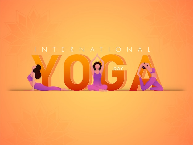 Concepto del Día Internacional del Yoga con chicas jóvenes de dibujos animados practicando Yoga en diferentes poses sobre fondo degradado de flor de naranja.