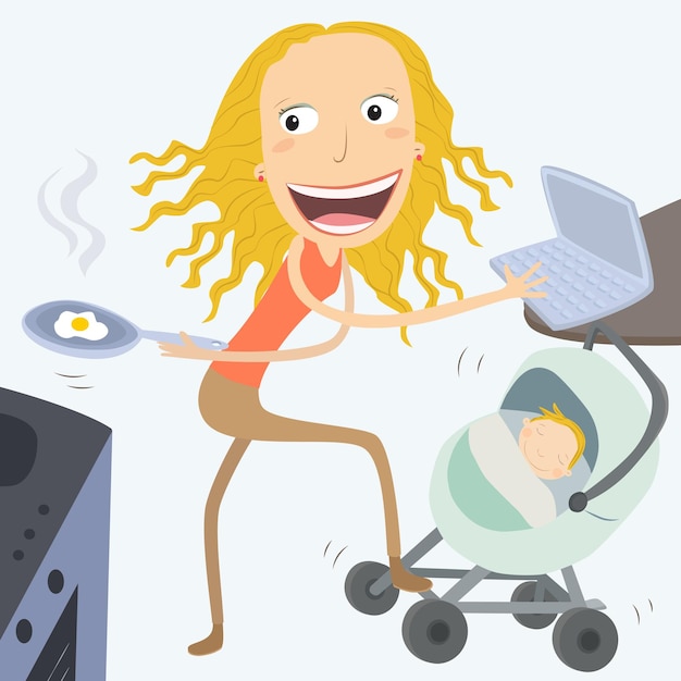 El concepto del Día de la Madre La chica rubia multitarea Ilustración vectorial