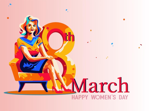 Concepto del día de la mujer feliz Mujer joven sentada en un sillón con texto 8 de marzo Pintura de acuarela