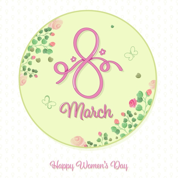 Concepto del día de la mujer feliz con el número 8 de marzo formado por cinta sobre fondo de rosas decoradas con flores
