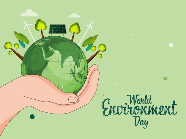 Concepto del día mundial del medio ambiente con la mano humana sosteniendo el globo terráqueo árboles molinos de viento paneles solares sobre fondo verde