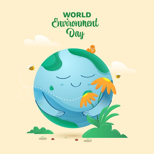 Vector concepto del día mundial del medio ambiente con smiley earth globe chick bees y floral sobre fondo amarillo pastel