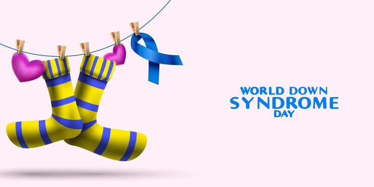 Vector concepto del día mundial del síndrome de down con calcetines y símbolo de conciencia de cinta