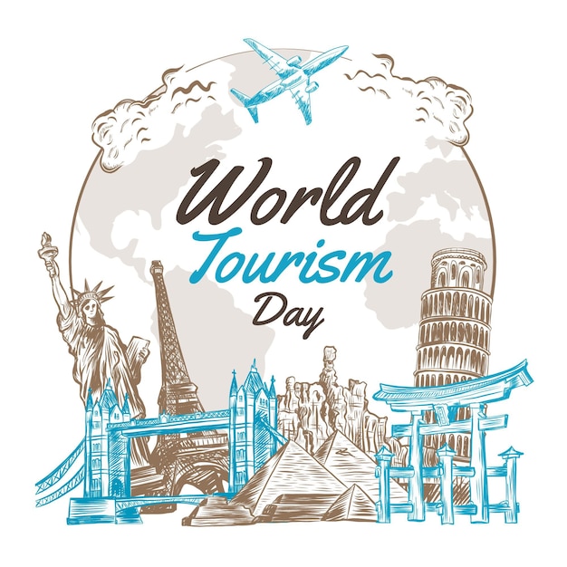 Concepto del día mundial del turismo dibujado a mano